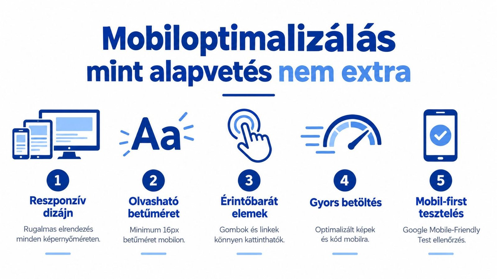 Infografika a reszponzív webdesign öt alapvető szempontjáról a mobiloptimalizálás folyamatában a jobb felhasználói élmény érdekében.