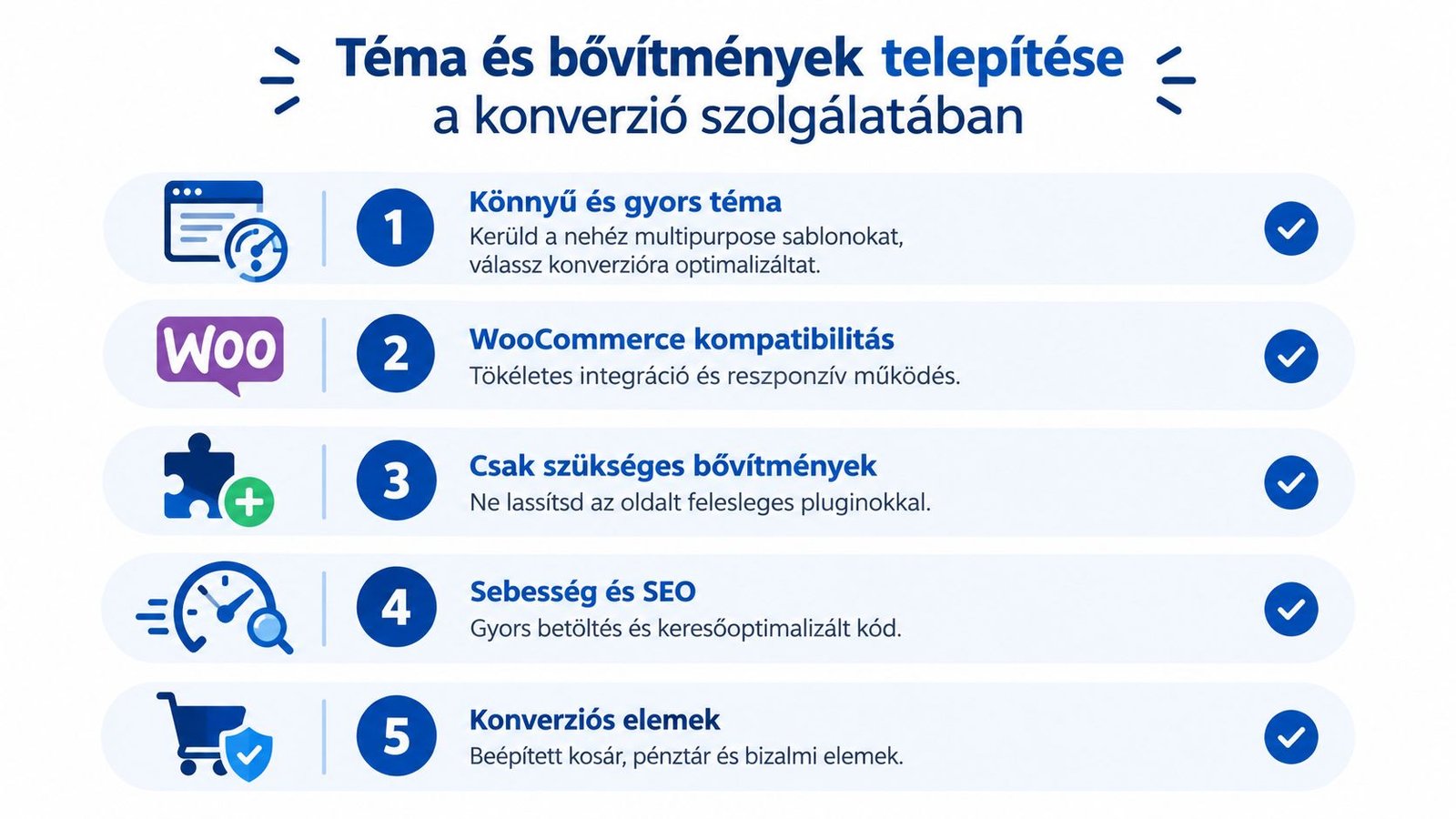 A weboldal konverziót segítő öt fontos szempontja téma- és bővítményválasztáshoz, listába szedve, ikonokkal illusztrálva.