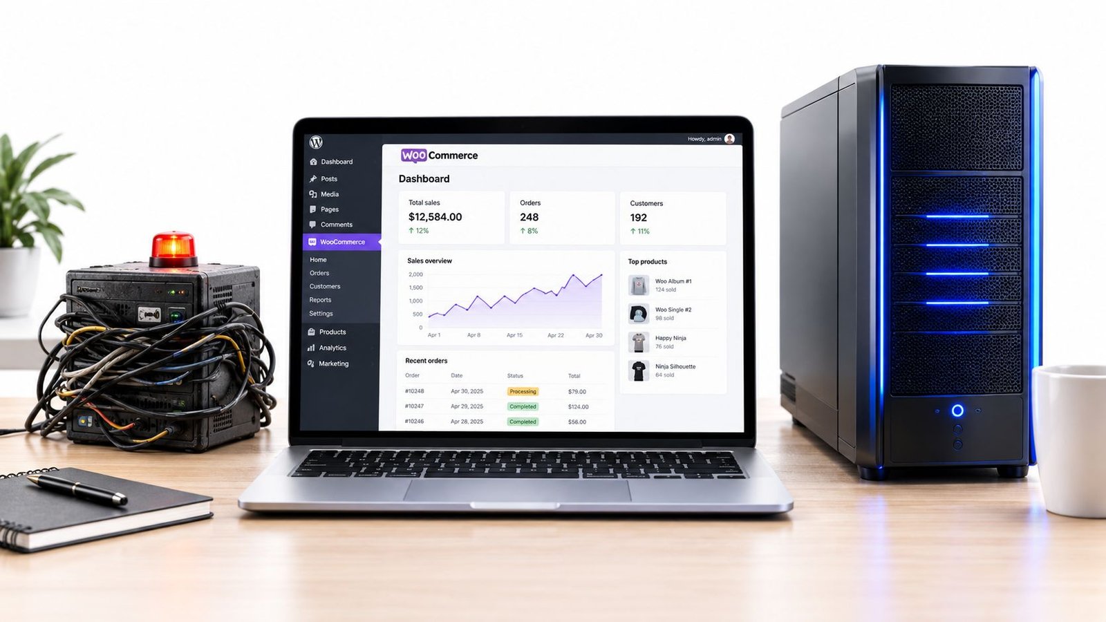 Modern laptop egy asztalon, amelyen egy WooCommerce webshop irányítópultja látható, mellette egy számítógépház és egy bögre.